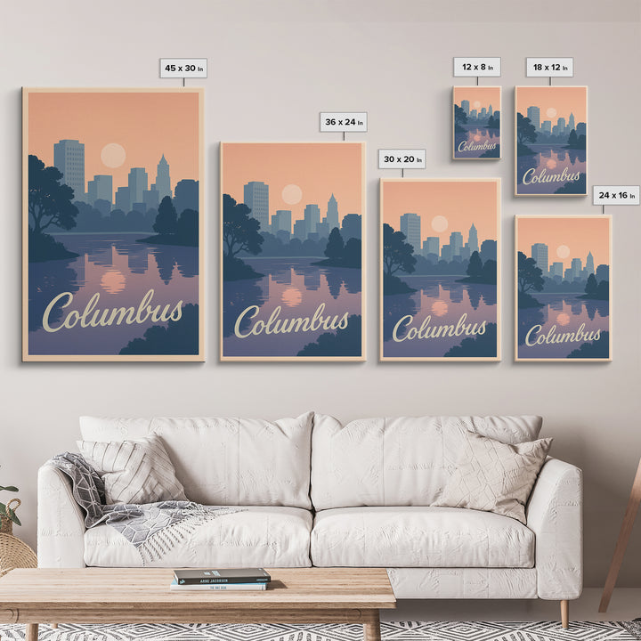 Columbus Travel Poster, Framed Canvas Print, Retro Sunset Skyline Art, Columbus Wall Art, Modern Wall Decor, Retro Travel Print