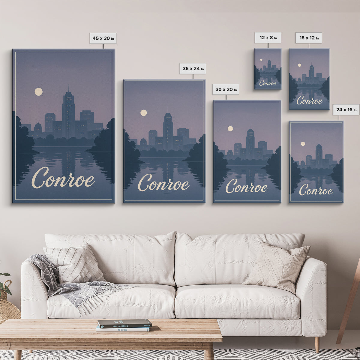 Conroe Travel Poster, Framed Canvas Print, Mid Century City Wall Art, Conroe Travel Art, Living Room Wall Art, Vintage City Poster