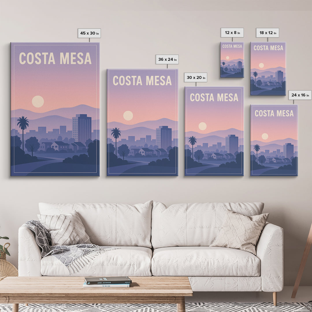 Costa Mesa California Travel Poster, Canvas Print, Mid Century City Wall Art, Costa Mesa City Art, Art Print, Watercolor Downtown Skyline