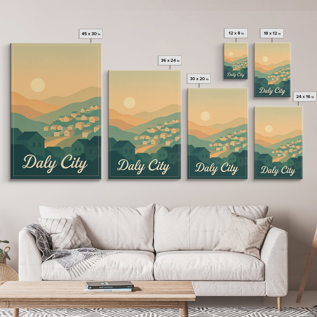 Daly City California Travel Poster, Canvas Print, Retro Sunset Skyline Art, Daly City Art Print, Gift For Travelers, Living Room Wall Art
