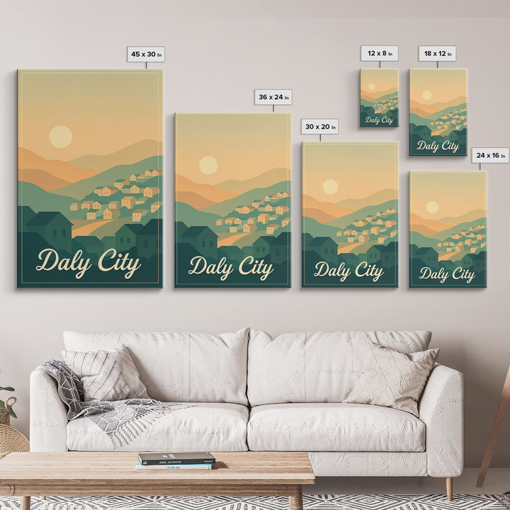 Daly City California Travel Poster, Canvas Print, Retro Sunset Skyline Art, Daly City Art Print, Gift For Travelers, Living Room Wall Art