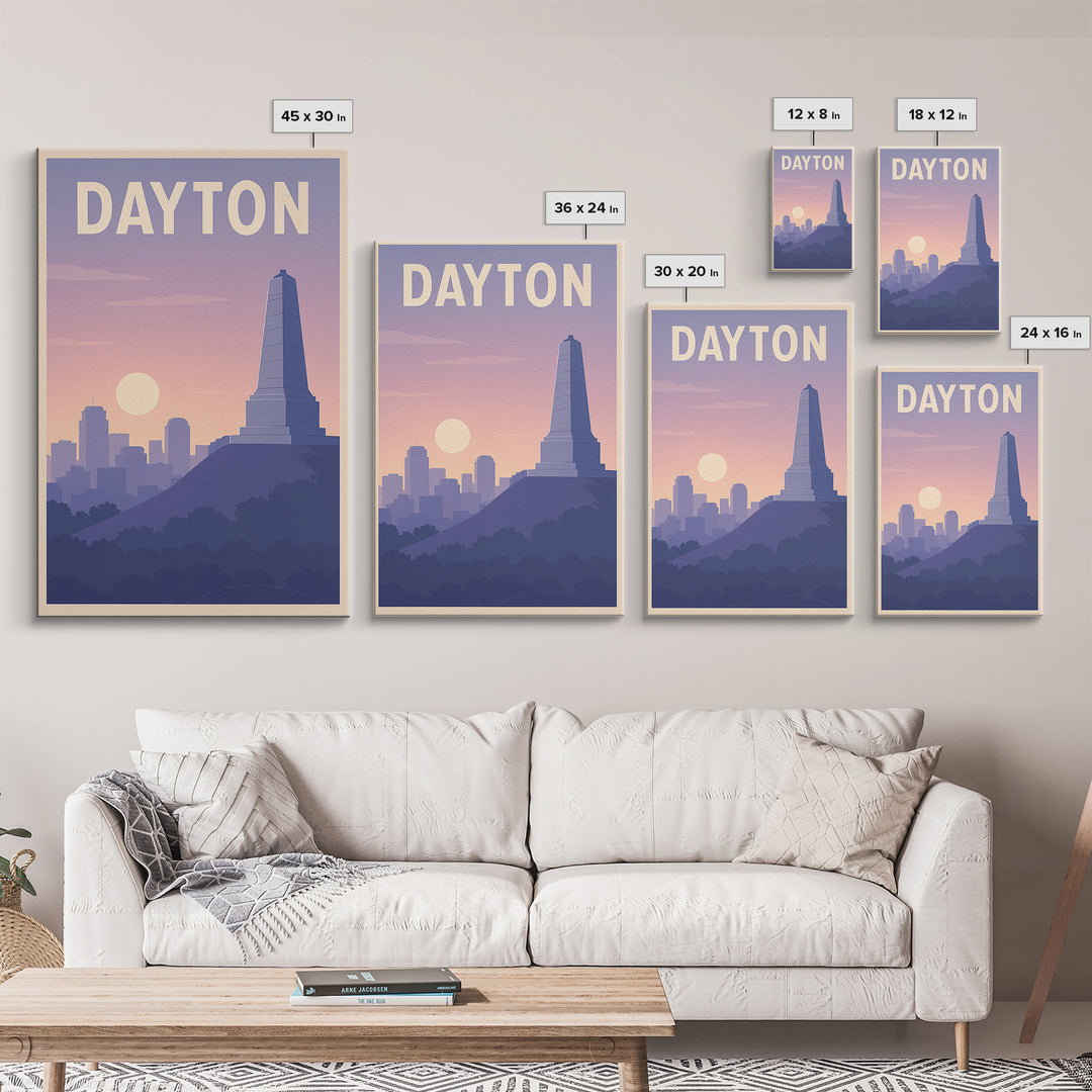 Dayton Ohio Travel Poster, Framed Canvas Print, Mid Century City Wall Art, Dayton Poster Print, Watercolor City Skyline, Retro Travel Print