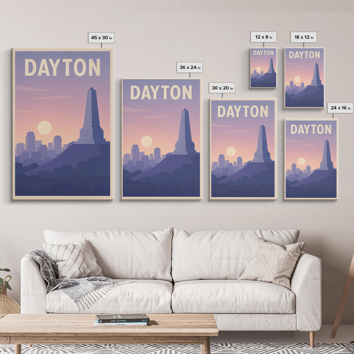 Dayton Ohio Travel Poster, Framed Canvas Print, Mid Century City Wall Art, Dayton Poster Print, Watercolor City Skyline, Retro Travel Print