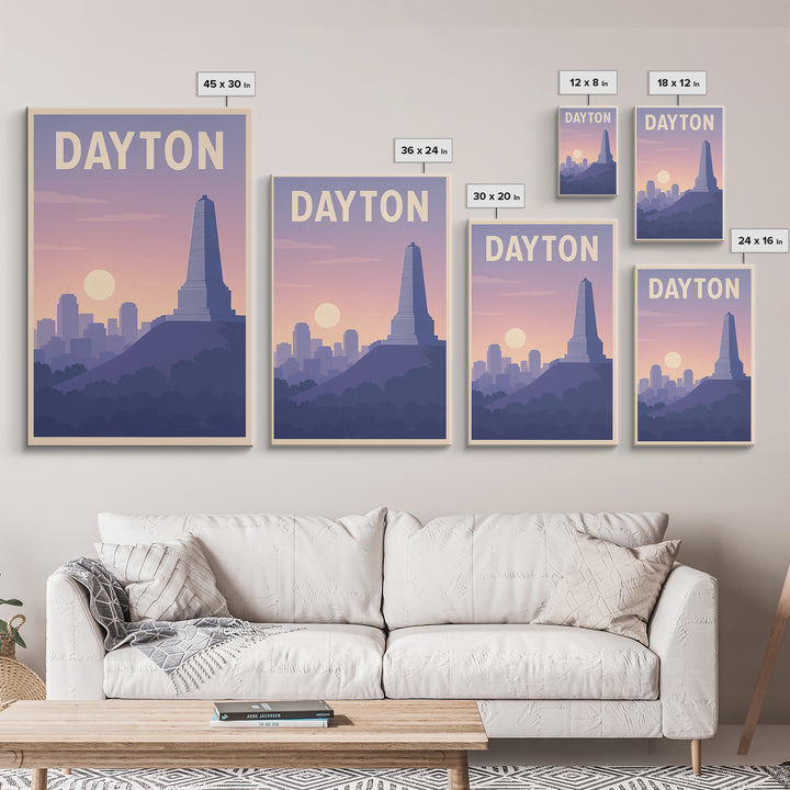 Dayton Ohio Travel Poster, Framed Canvas Print, Mid Century City Wall Art, Dayton Poster Print, Watercolor City Skyline, Retro Travel Print
