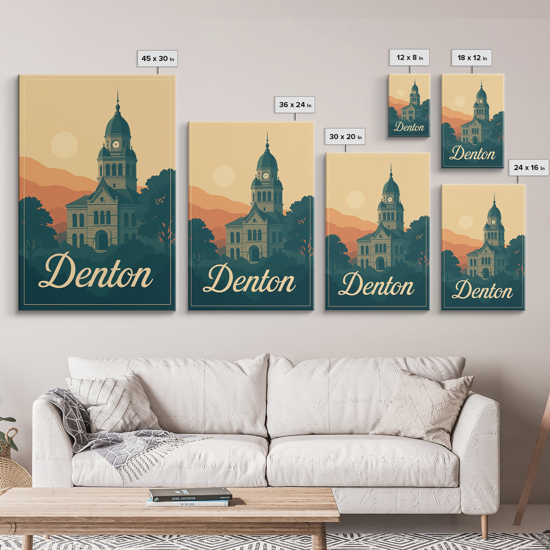 Denton Texas Travel Poster, Canvas Print, Retro Sunset Skyline Art, Denton Travel Art, Travel Poster Set, Wanderlust Decor, City Poster