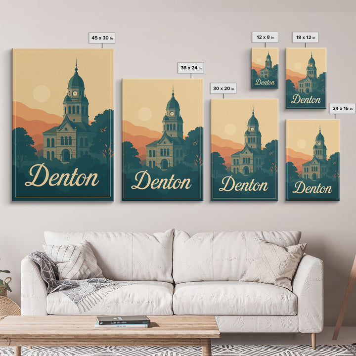Denton Texas Travel Poster, Canvas Print, Retro Sunset Skyline Art, Denton Travel Art, Travel Poster Set, Wanderlust Decor, City Poster
