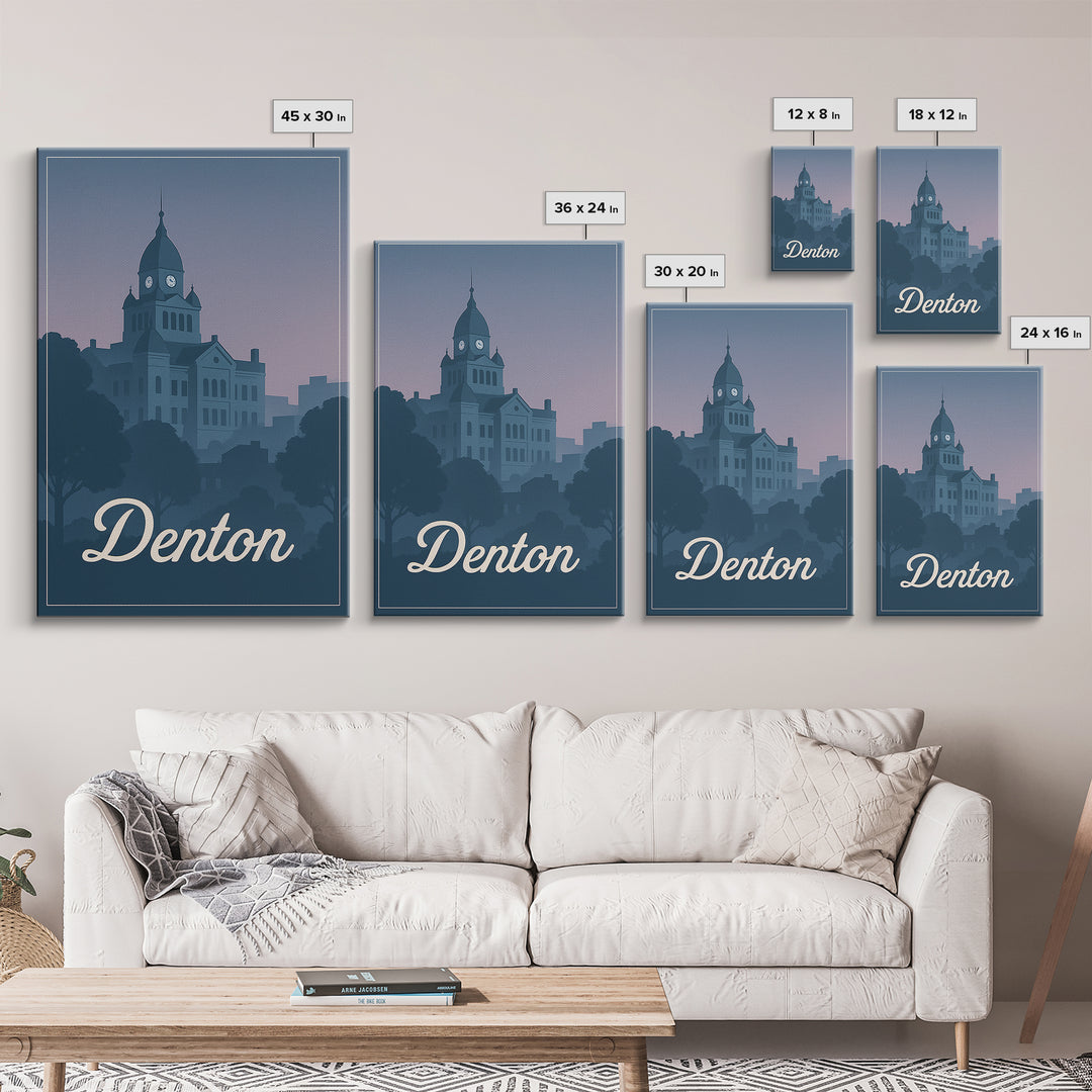 Denton Travel Poster, Framed Canvas Print, Retro Sunset Skyline Art, Denton Poster Print, Vintage Travel Art, City Travel Prints