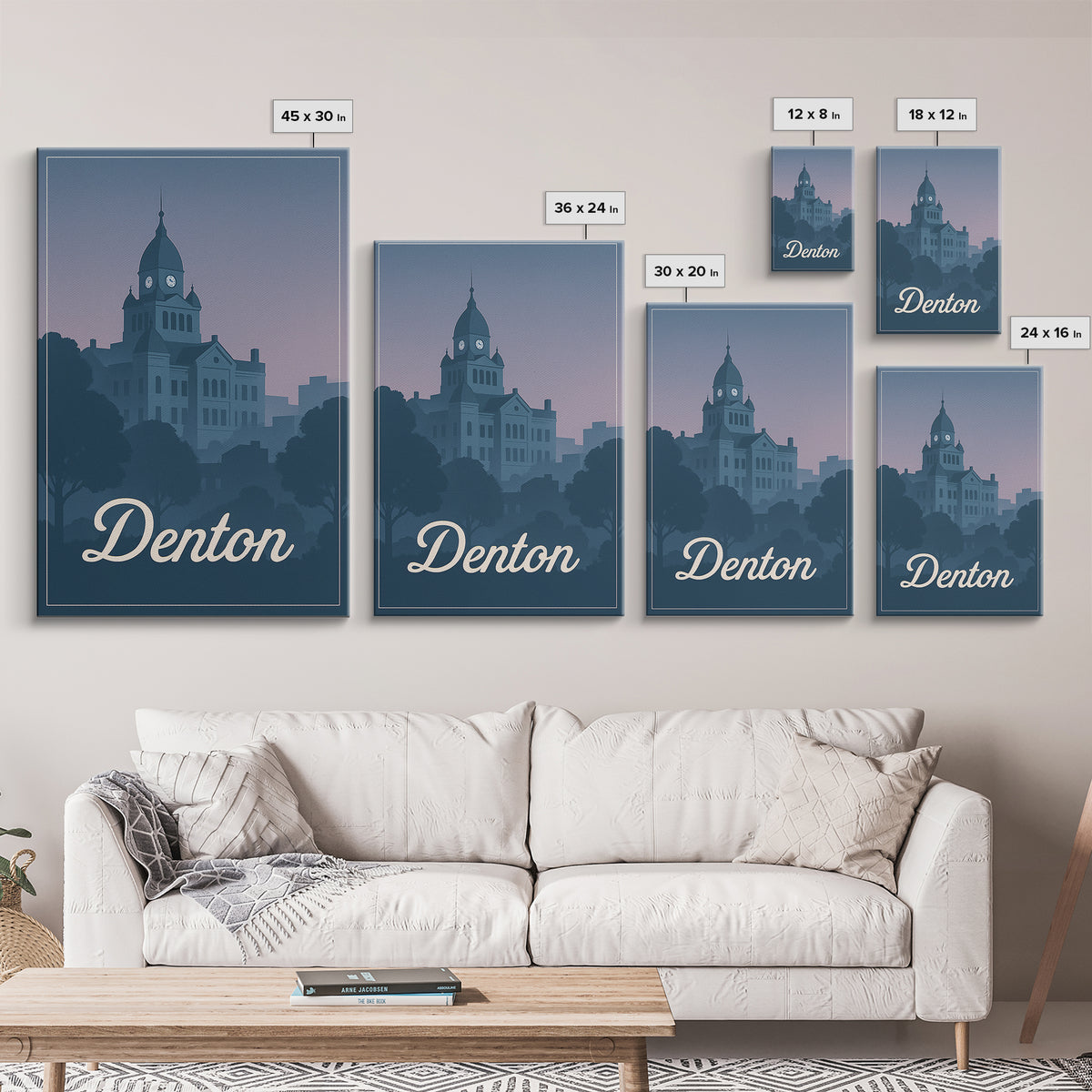 Denton Travel Poster, Framed Canvas Print, Retro Sunset Skyline Art, Denton Poster Print, Vintage Travel Art, City Travel Prints