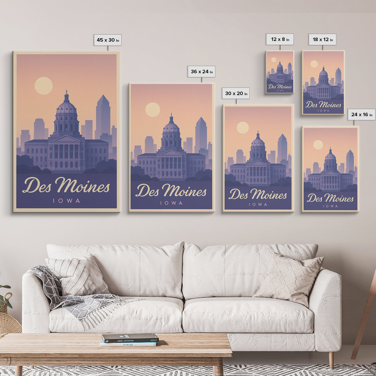 Des Moines Travel Poster, Framed Canvas Print, Retro Sunset Skyline Art, Des Moines Art Print, Vintage Travel Art, City Art Print