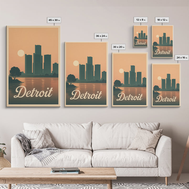 Detroit Travel Poster, Canvas Print, Retro Sunset Skyline Art, Detroit Poster Print, Home Office Decor, Travel Wall Decor, Travel Art Print