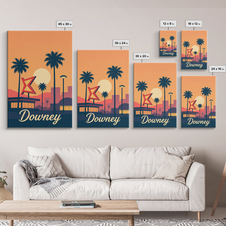 Downey California Travel Poster, Canvas Print, Retro Sunset Skyline Art, Downey City Art, Wanderlust Decor, Living Room Wall Art, Wall Art