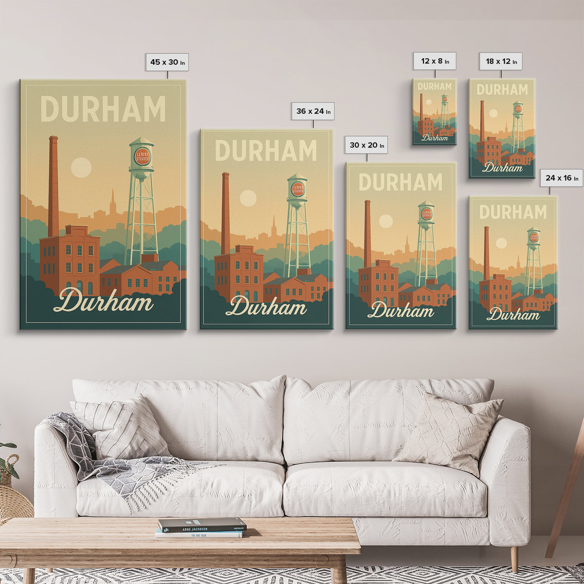 Durham North Carolina Travel Poster, Canvas Print, Mid Century City Wall Art, Durham Print, Travel Prints, Travel Poster Set