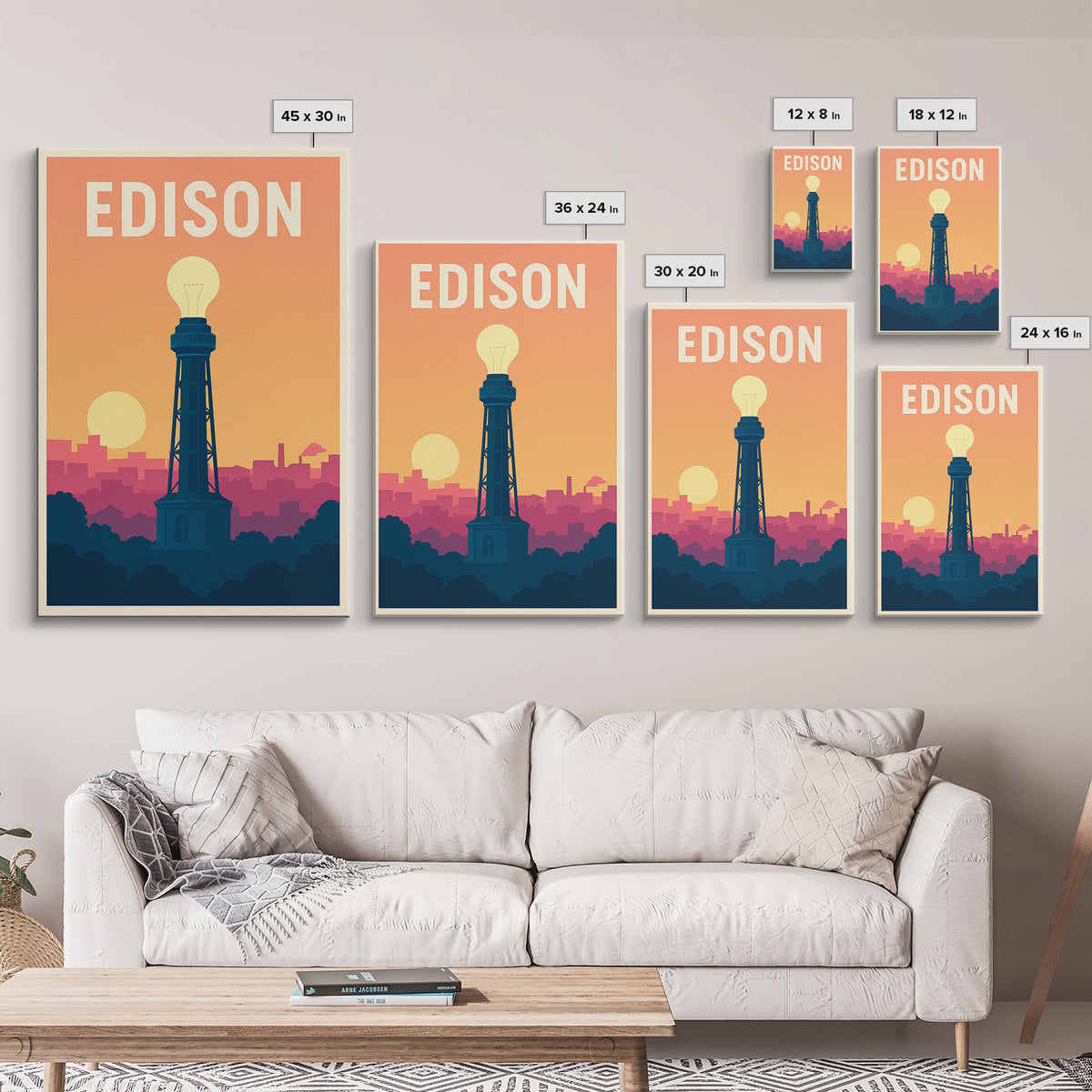 Edison Travel Poster, Framed Canvas Print, Mid Century City Wall Art, Edison Travel Art, Mid Century Wall Art, Watercolor Skyline