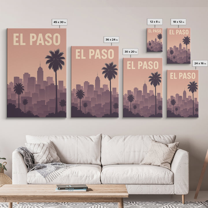 El Paso Travel Poster, Framed Canvas Print, Retro Sunset Skyline Art, El Paso Travel Art, Fine Art Print, Travel Wall Decor, City Poster