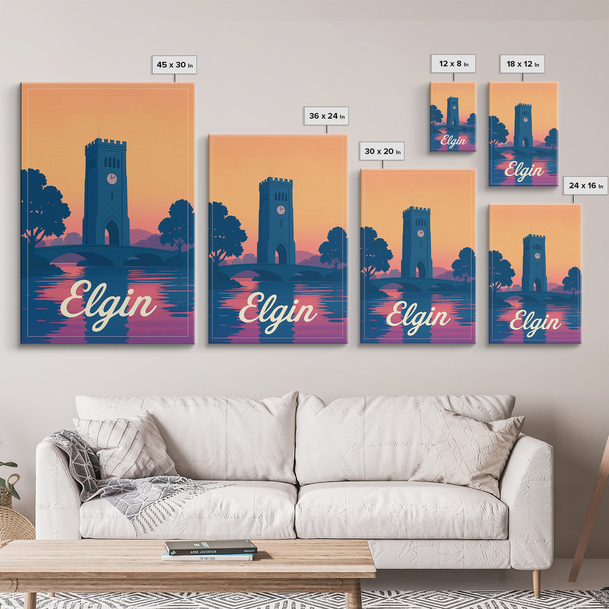 Elgin Illinois Travel Poster, Canvas Print, Retro Sunset Skyline Art, Elgin Poster Print, Fine Art Print, Retro Travel Print, Travel Posters