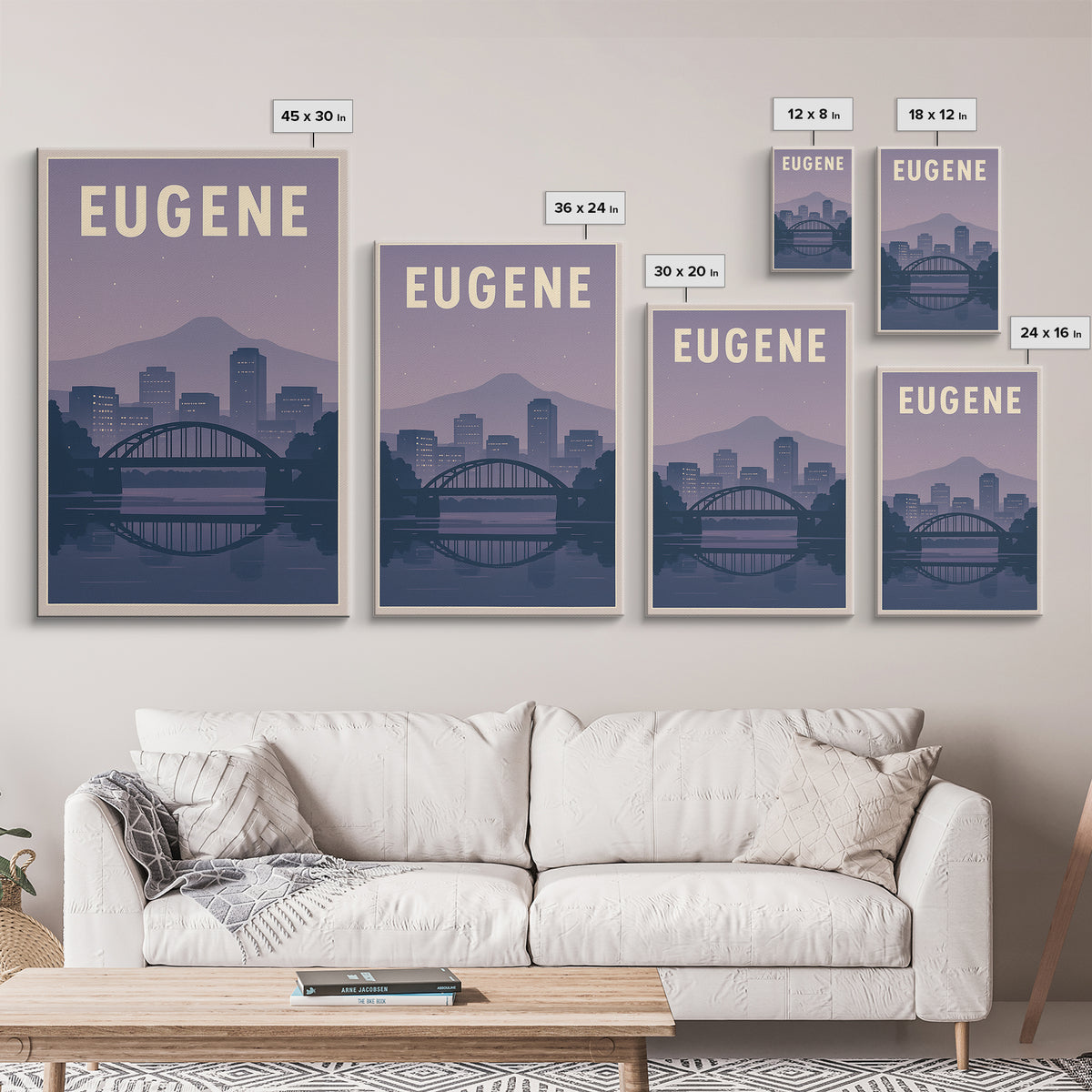 Eugene Oregon Travel Poster, Canvas Print, Retro Sunset Skyline Art, Eugene Travel Art, City Illustration, Living Room Wall Art, City Poster