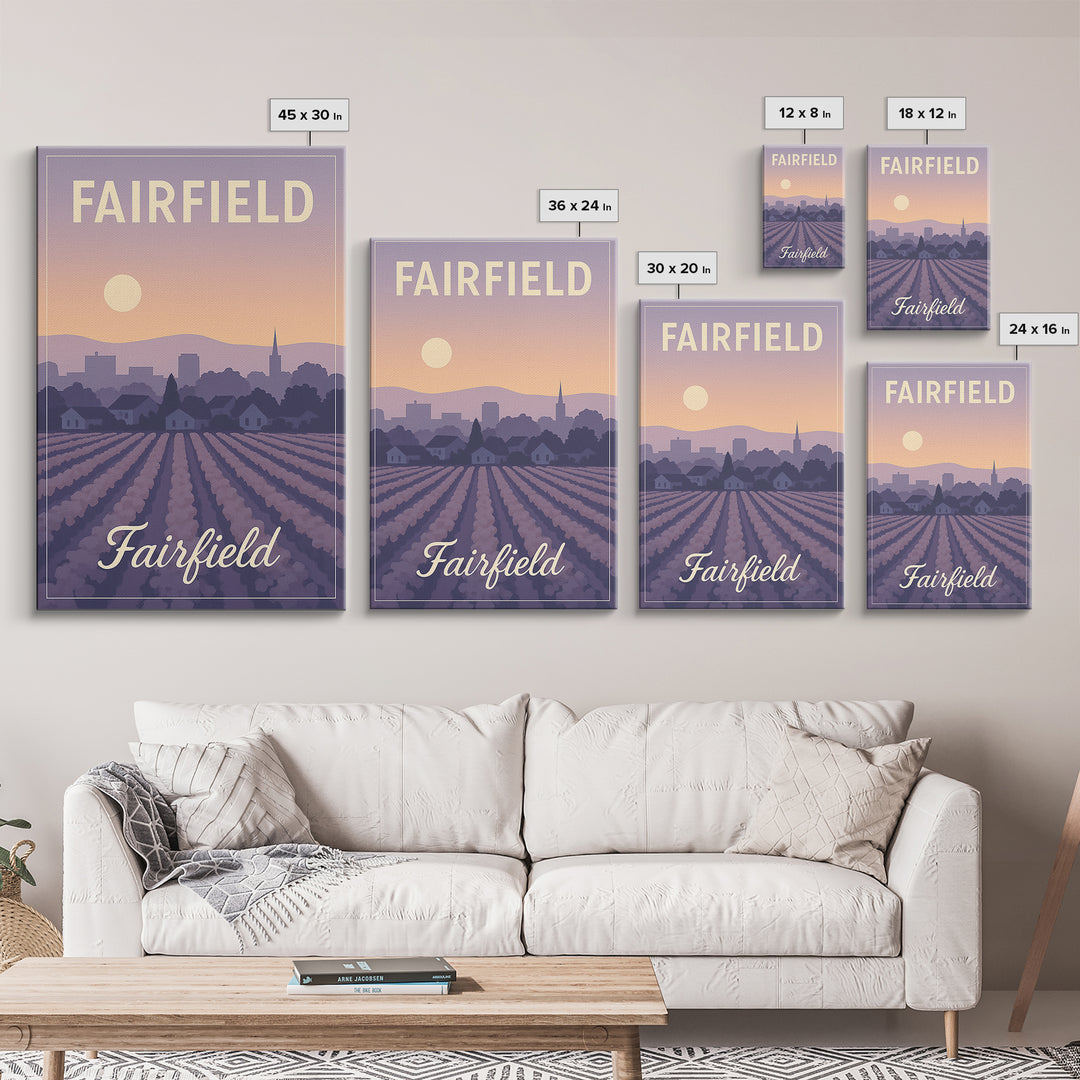Fairfield Travel Poster, Canvas Print, Retro Sunset Skyline Art, Fairfield Poster Print, Travel Wall Decor, Home Office Decor, Design 2