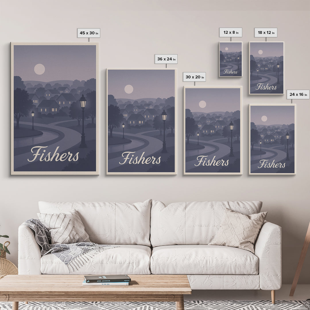 Fishers Travel Poster, Canvas Print, Retro Sunset Skyline Art, Fishers Art Print, Travel Poster Art, Retro Travel Print, Gift For Travelers