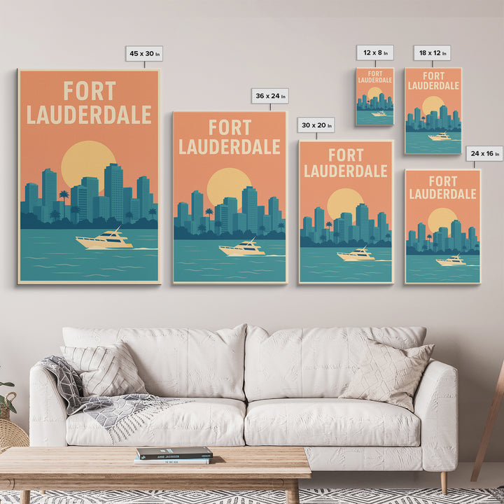 Fort Lauderdale Travel Poster, Framed Canvas Print, Retro Sunset Skyline Art, Fort Lauderdale Wall Art, Vintage Travel Print, Design 2