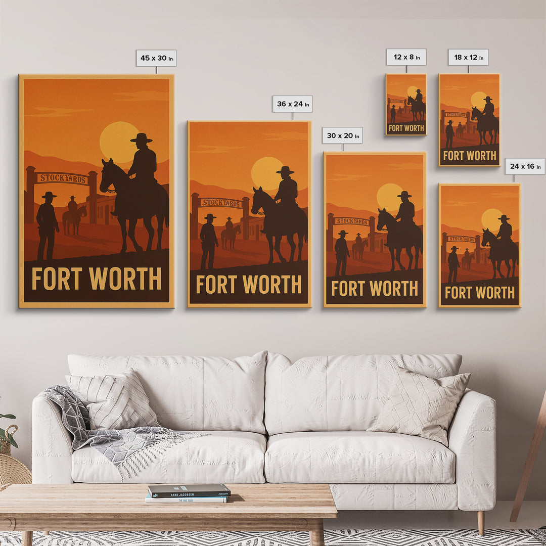 Fort Worth Travel Poster, Framed Canvas Print, Retro Sunset Skyline Art, Fort Worth Poster Print, Living Room Wall Art, Modern Wall Decor