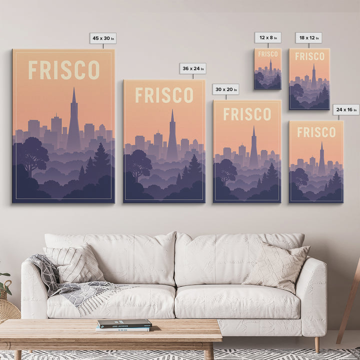 Frisco Texas Travel Poster, Canvas Print, Mid Century City Wall Art, Frisco Wall Art, Wanderlust Decor, Watercolor Downtown Skyline
