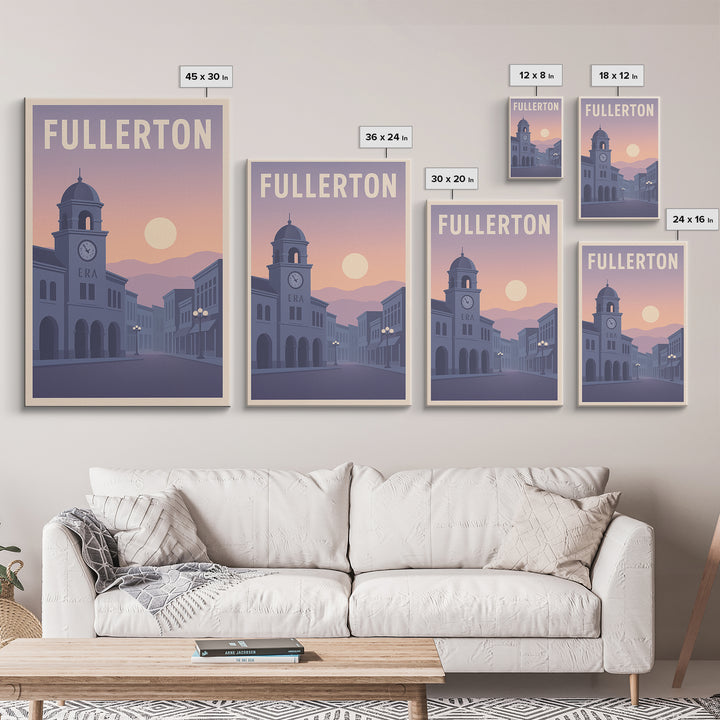 Fullerton California Travel Poster, Canvas Print, Retro Sunset Skyline Art, Fullerton Poster Print, Wanderlust Decor, Gift For Travelers