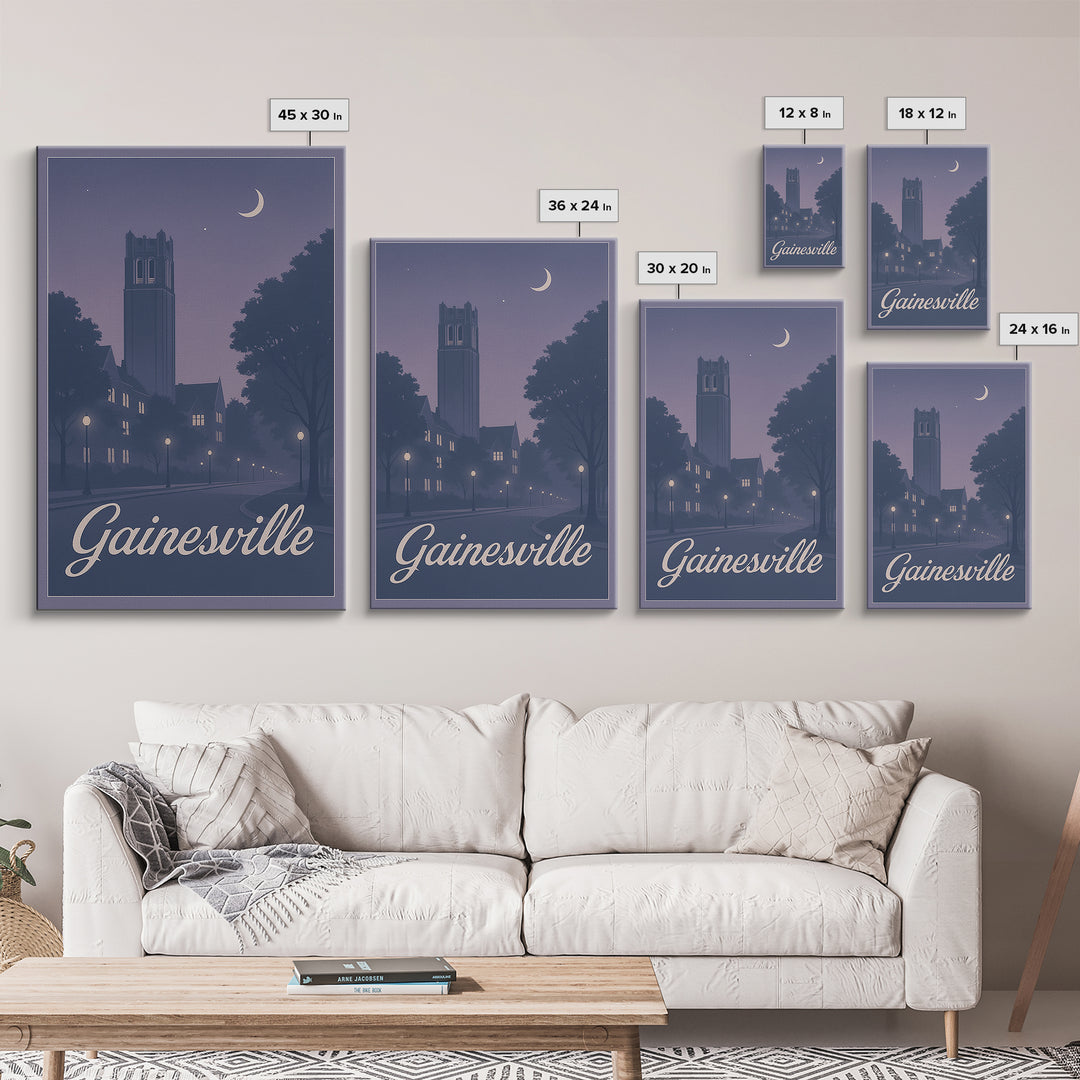 Gainesville Travel Poster, Canvas Print, Retro Sunset Skyline Art, Gainesville Poster Print, Watercolor Cityscape, Modern Wall Decor