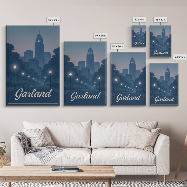 Garland Travel Poster, Canvas Print, Retro Sunset Skyline Art, Garland Poster Print, Wanderlust Decor, Fine Art Print, Modern Wall Decor