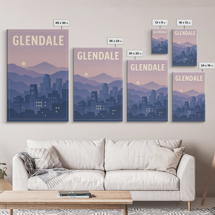 Glendale Arizona Travel Poster, Framed Canvas Print, Retro Sunset Skyline Art, Glendale Art Print, Gift For Travelers, Travel Poster Art