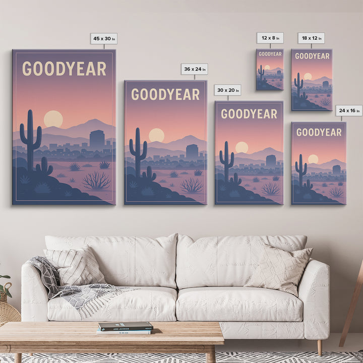 Goodyear Arizona Travel Poster, Canvas Print, Retro Sunset Skyline Art, Goodyear City Art, Wanderlust Decor, Fine Art Print, City Art Print