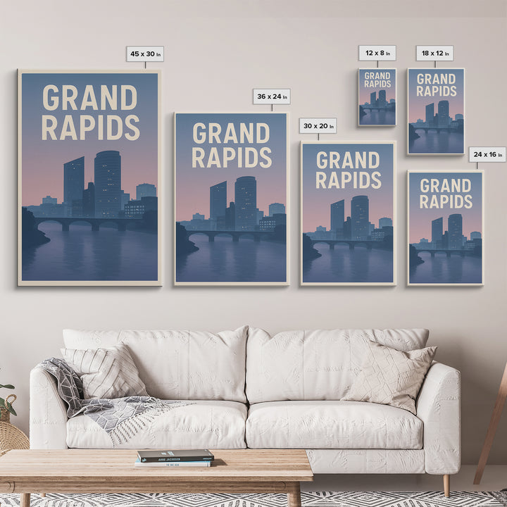 Grand Rapids Michigan Travel Poster, Canvas Print, Retro Sunset Skyline Art, Grand Rapids Art Print, City Art Print, Wall Decor, Wall Art