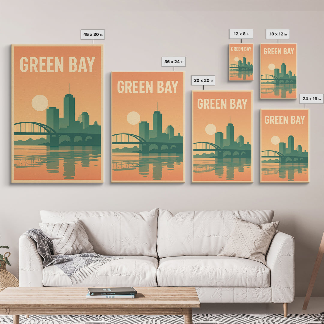 Green Bay Travel Poster, Canvas Print, Retro Sunset Skyline Art, Green Bay Wall Art, Gift For Travelers, Home Office Decor, Home Decor