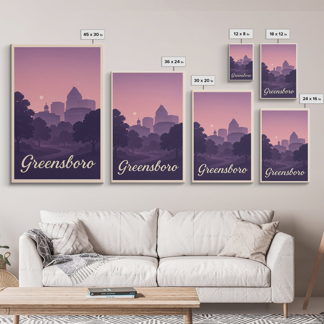 Greensboro Travel Poster, Framed Canvas Print, Classic Travel Poster Art, Greensboro City Art, City Travel Prints, Travel Art Print