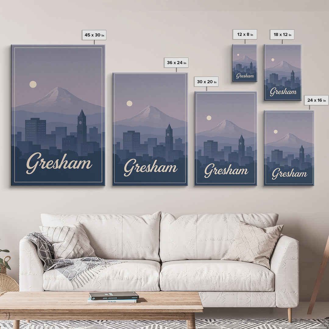 Gresham Travel Poster, Framed Canvas Print, Retro Sunset Skyline Art, Gresham Art Print, Travel Wall Art, Eclectic Wall Decor, Design 2