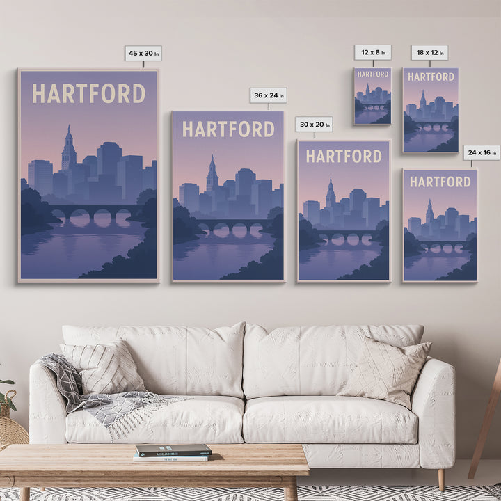 Hartford Travel Poster, Canvas Print, Retro Sunset Skyline Art, Hartford City Art, Travel Wall Decor, City Illustration, Travel Poster Art