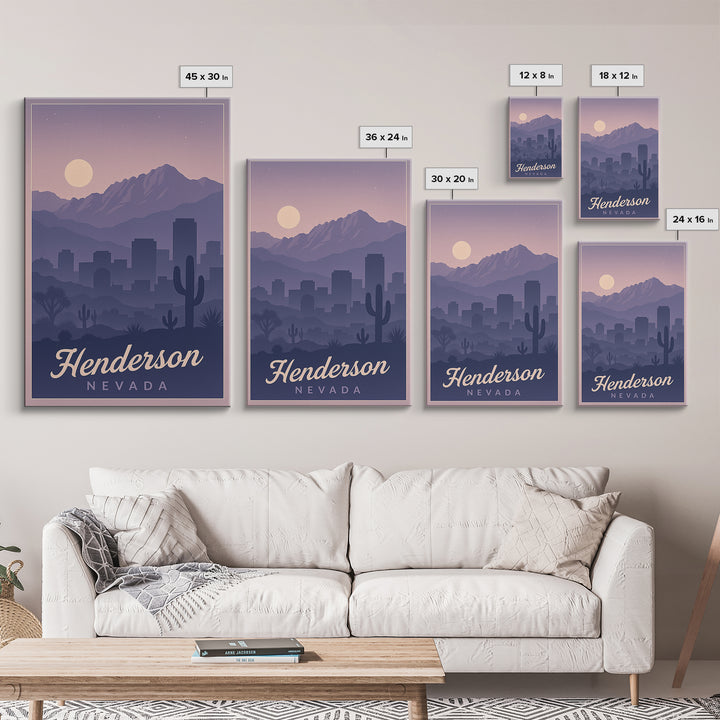 Henderson Travel Poster, Framed Canvas Print, Retro Sunset Skyline Art, Henderson City Art, Retro Travel Print, Mid Century Wall Art