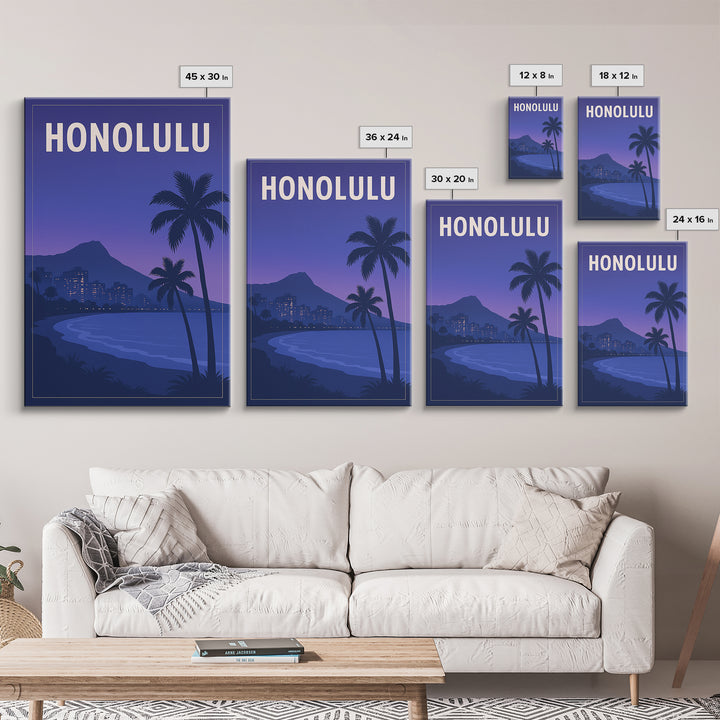 Honolulu Hawaii Travel Poster, Canvas Print, Retro Sunset Skyline Art, Honolulu Wall Art, Mid Century Wall Art, Living Room Wall Art