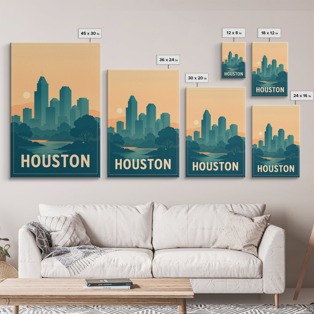 Houston Travel Poster, Framed Canvas Print, Retro Sunset Skyline Art, Houston Travel Art, Modern Wall Decor, Living Room Wall Art