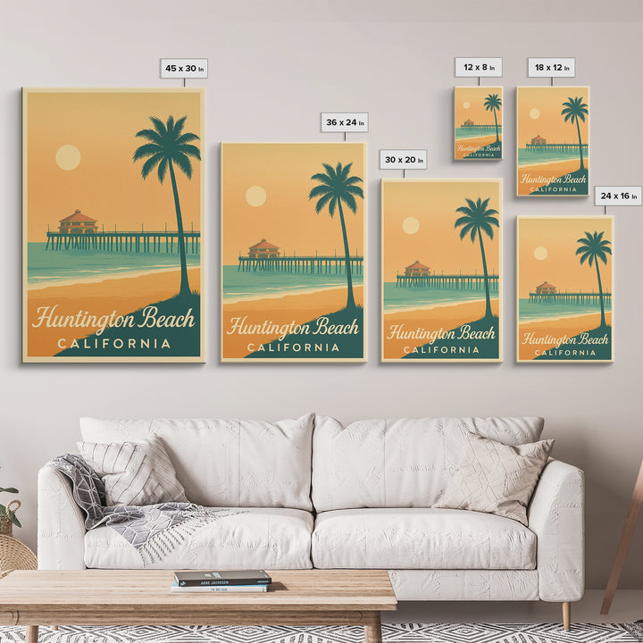 Huntington Beach California Travel Poster, Canvas Print, Retro Sunset Skyline Art, Huntington Beach City Art, Art Print, City Travel Prints