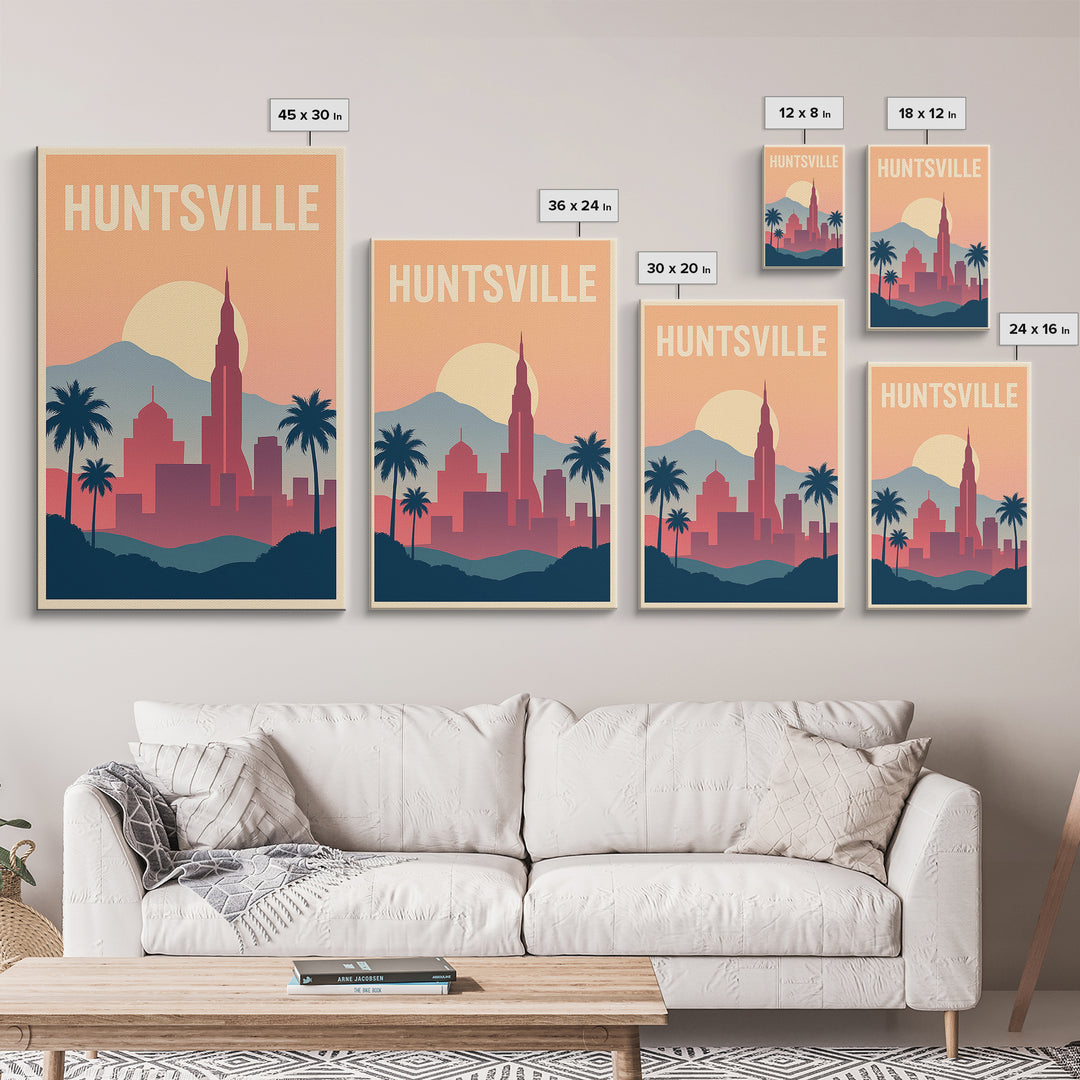 Huntsville Travel Poster, Canvas Print, Retro Sunset Skyline Art, Huntsville Poster Print, City Illustration, Travel Poster Art