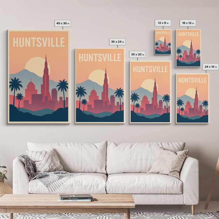 Huntsville Travel Poster, Canvas Print, Retro Sunset Skyline Art, Huntsville Poster Print, City Illustration, Travel Poster Art