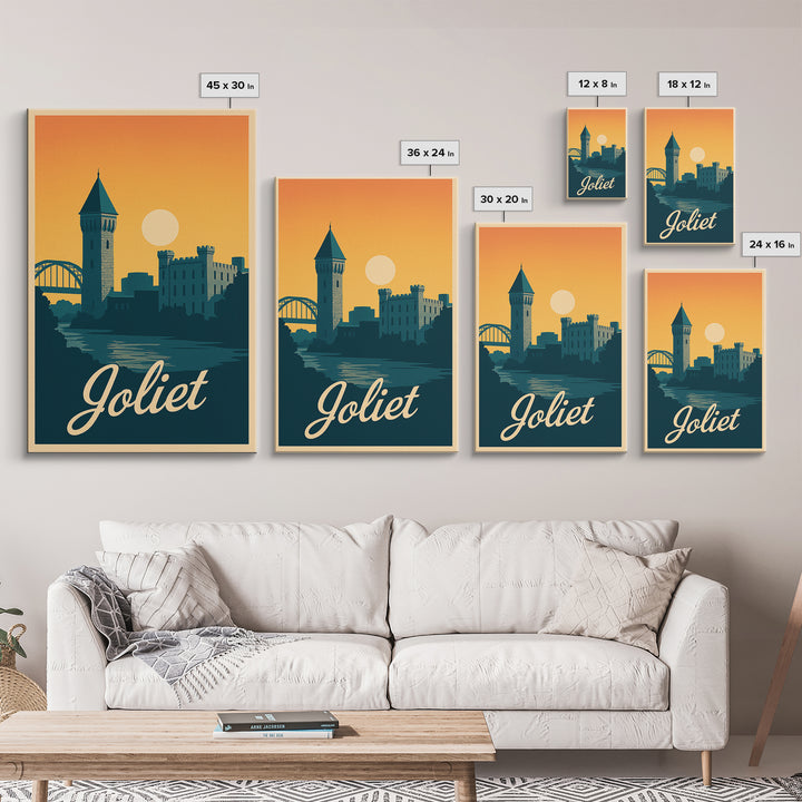 Joliet Illinois Travel Poster, Canvas Print, Retro Sunset Skyline Art, Joliet Wall Art, Watercolor Skyline Art, Travel Wall Decor, Wall Art