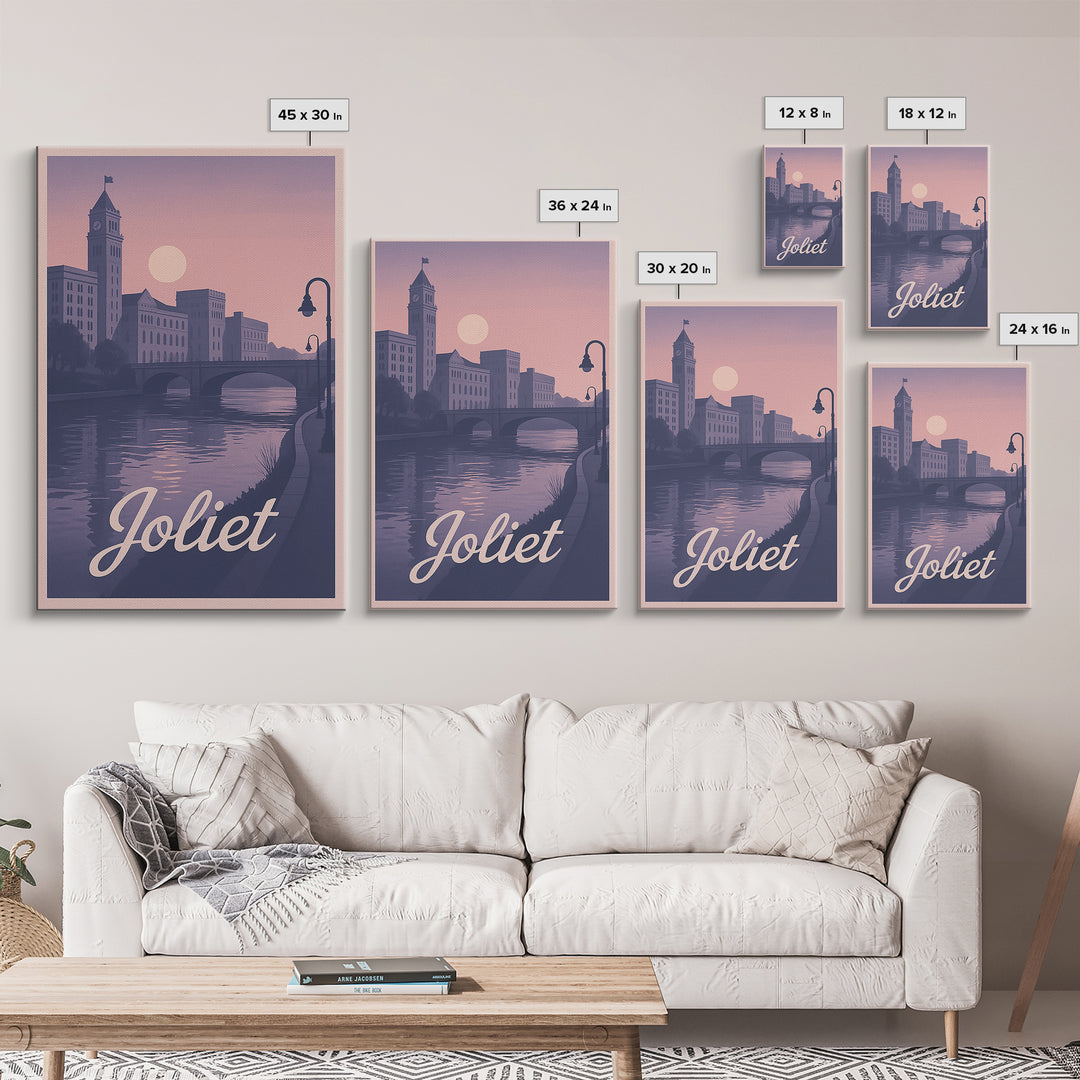 Joliet Travel Poster, Canvas Print, Retro Sunset Skyline Art, Joliet Wall Art, Travel Poster Art, Vintage Travel Art, City Travel Prints