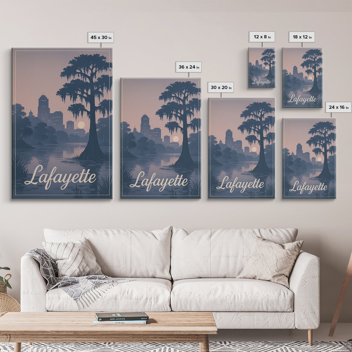 Lafayette Travel Poster, Framed Canvas Print, Retro Sunset Skyline Art, Lafayette Travel Art, Travel Poster Set, Vintage City Poster