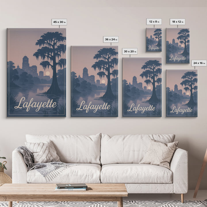 Lafayette Travel Poster, Framed Canvas Print, Retro Sunset Skyline Art, Lafayette Travel Art, Travel Poster Set, Vintage City Poster