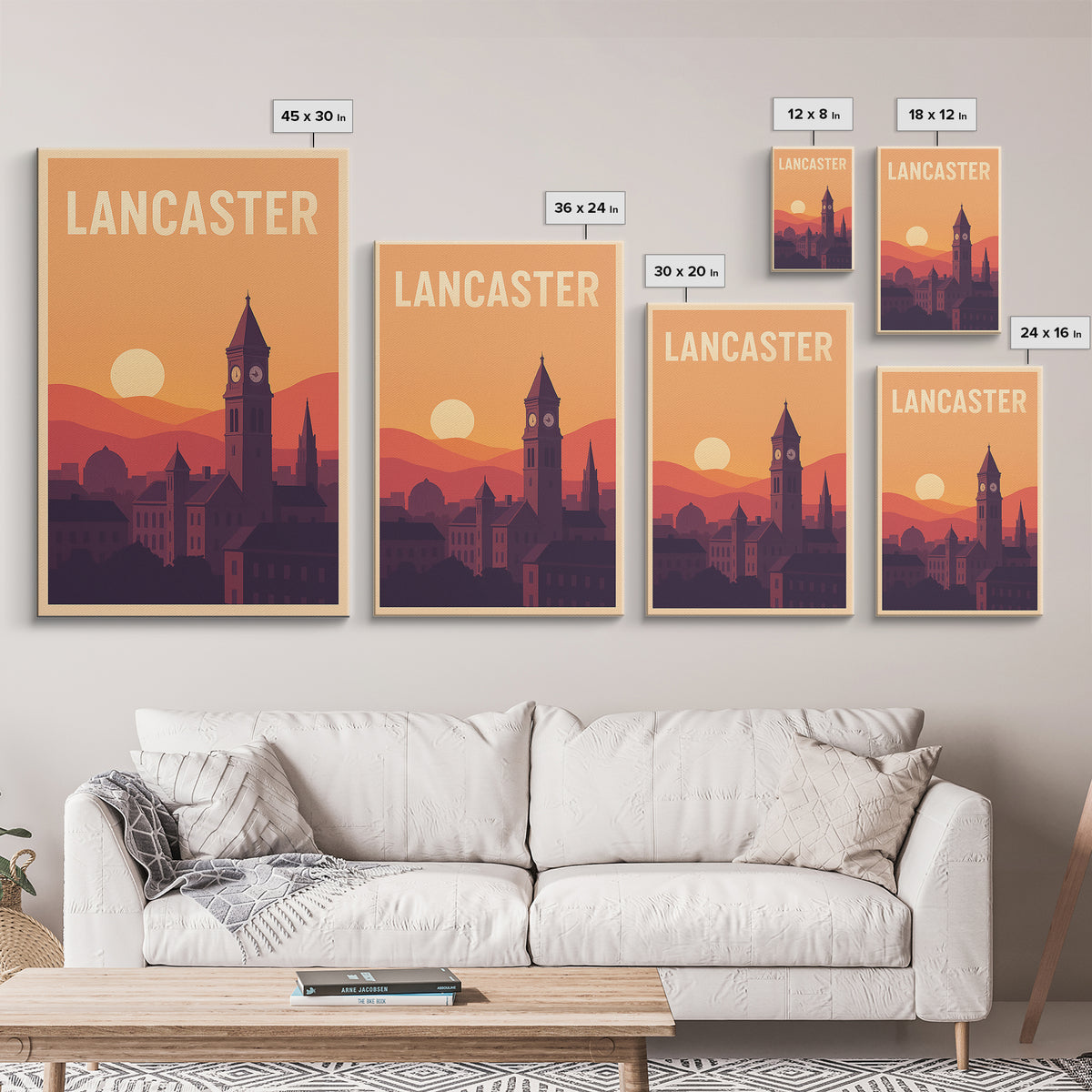 Lancaster Travel Poster, Framed Canvas Print, Vintage Travel Poster Art, Lancaster Poster Print, Mid Century Wall Art, City Illustration