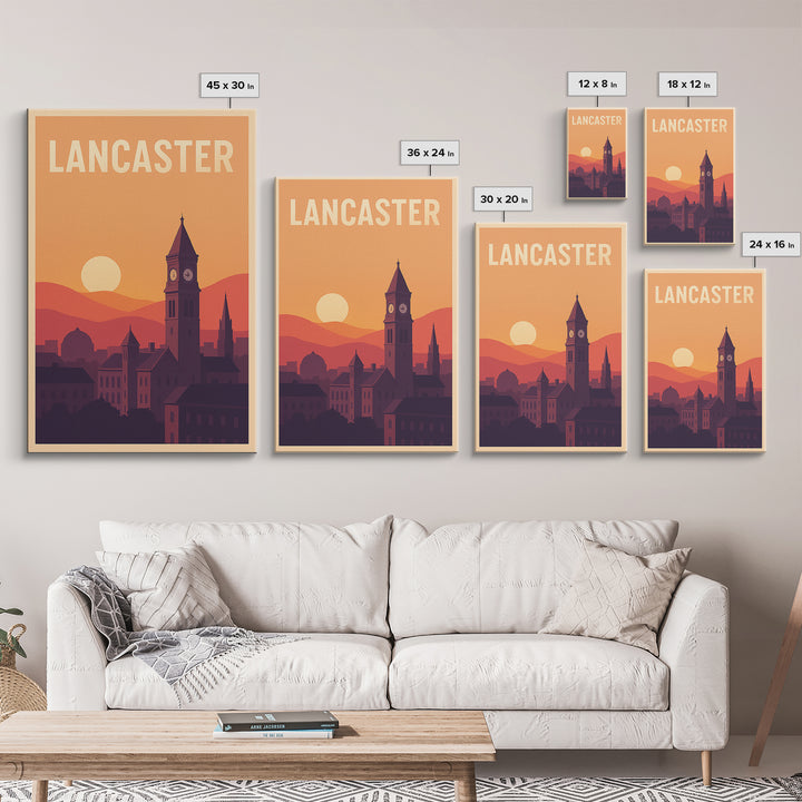 Lancaster Travel Poster, Framed Canvas Print, Vintage Travel Poster Art, Lancaster Poster Print, Mid Century Wall Art, City Illustration