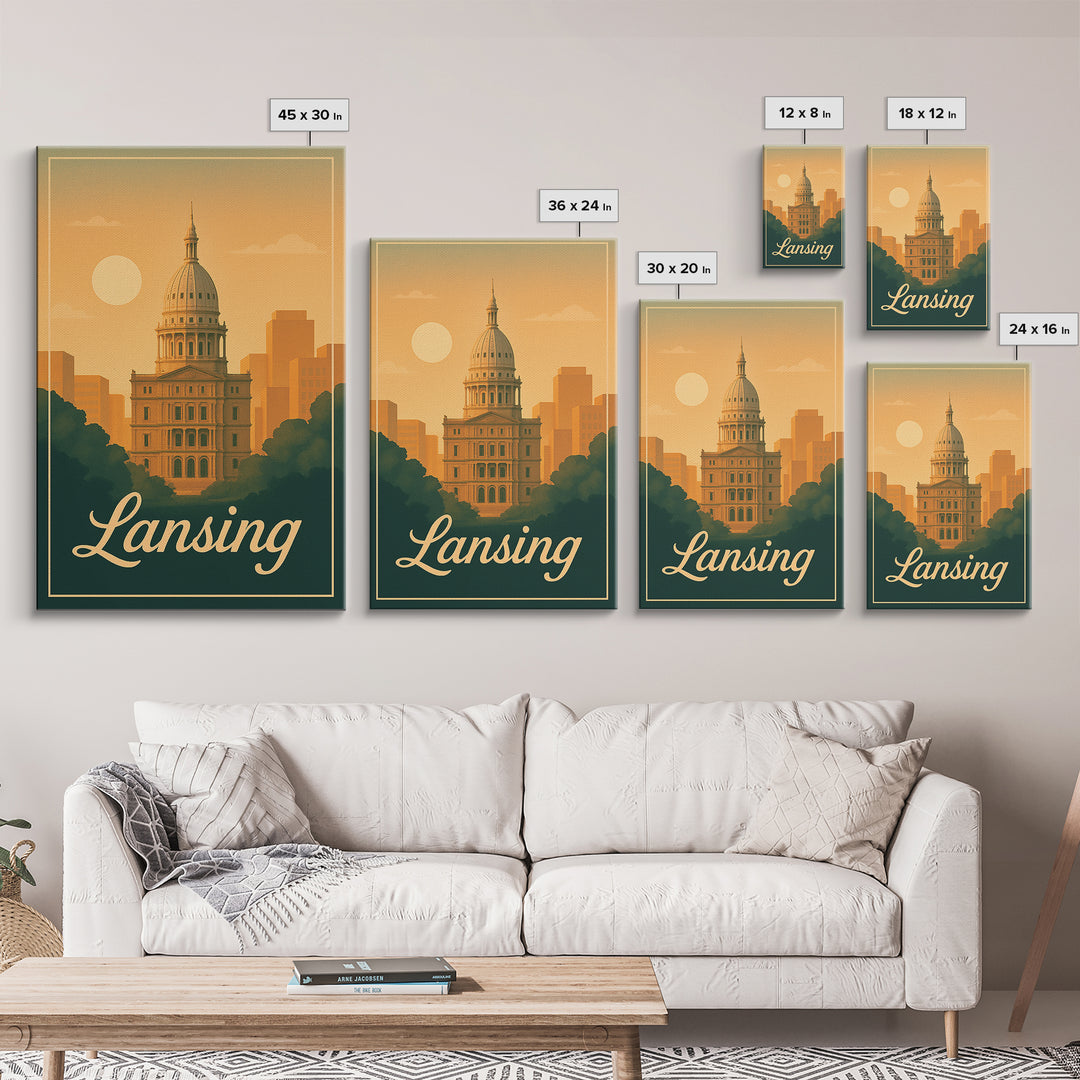 Lansing Michigan Travel Poster, Canvas Print, Classic Poster Art, Lansing City Art, City Illustration, Office Decor, Mid Century Wall Art