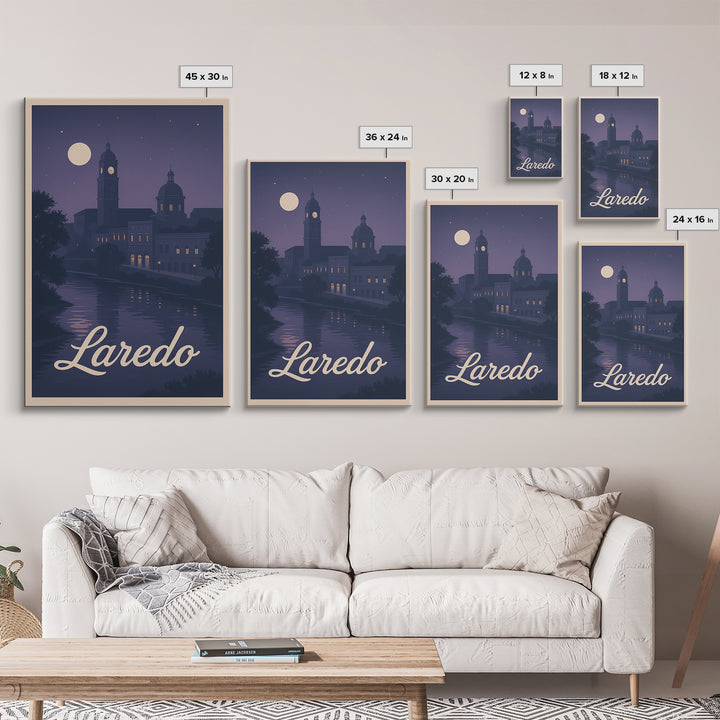 Laredo Travel Poster, Framed Canvas Print, Classic Travel Poster Art, Laredo Wall Art, Travel Wall Decor, Watercolor City Skyline
