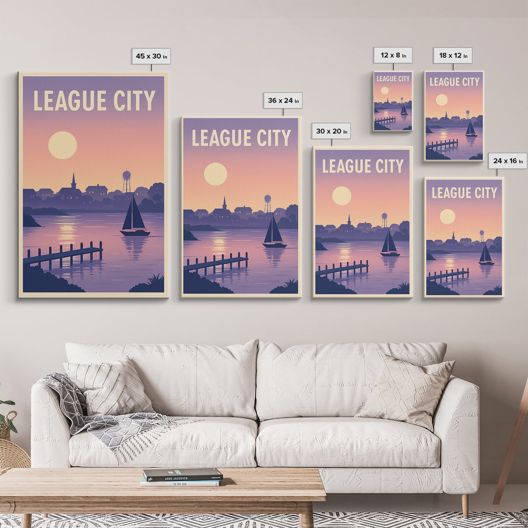 League City Texas Travel Poster, Framed Canvas Print, Retro Sunset Skyline Art, League City Travel Art, Travel Wall Decor, Travel Wall Art